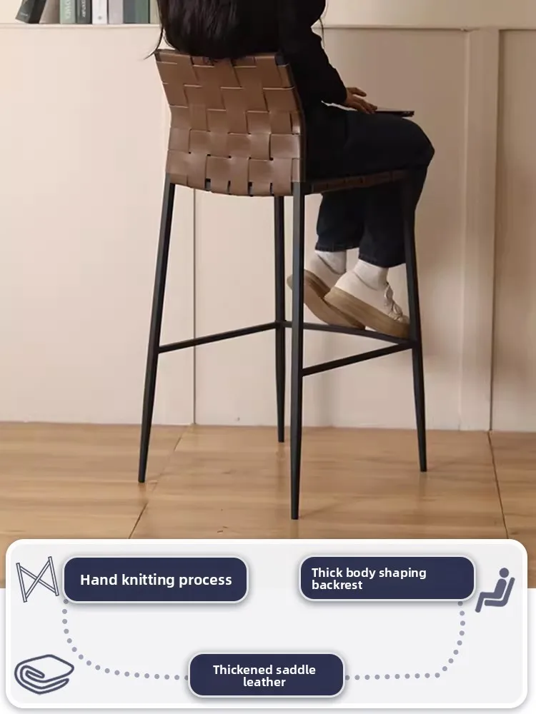 Luxury Italian Saddle Leather Bar Stool High Back Counter Chair for Home Dining Industrial Design