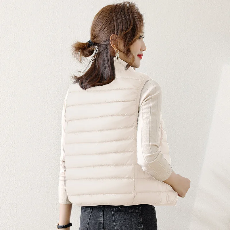 겨울용 초경량 90% 화이트 덕다운 베스트 코트 여성용 따뜻한 다운 조끼 재킷 여성 스탠드 칼라 슬리브리스 숏 탱크탑