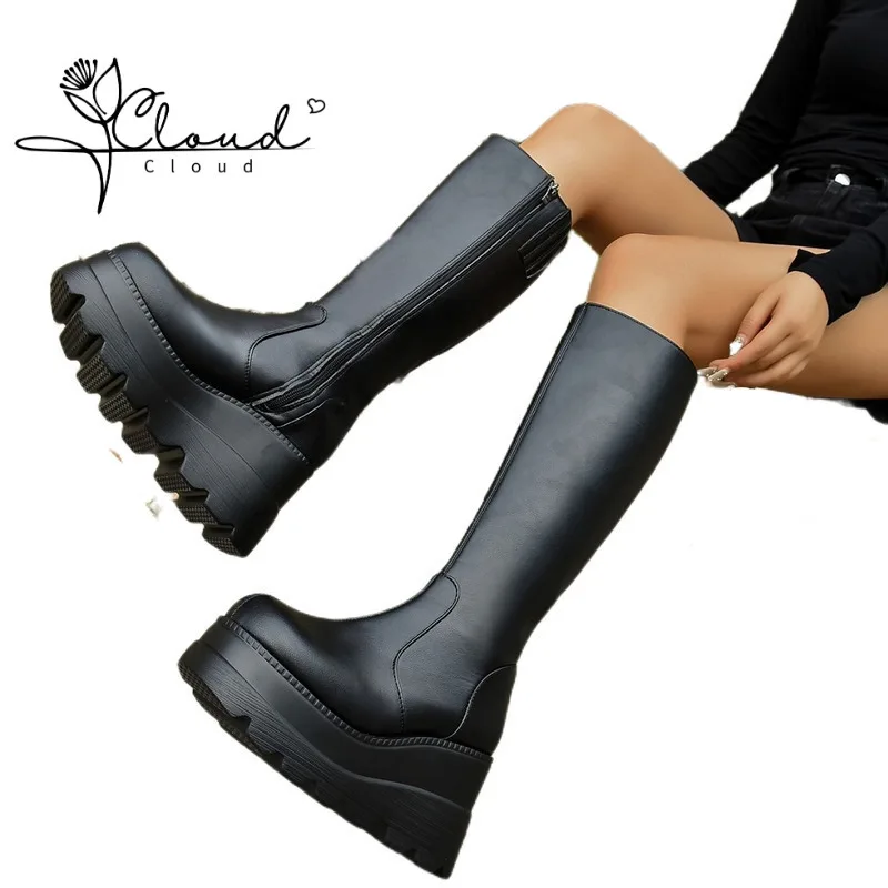 

Plus Size Wedge Thigh High Women Mid Calf Boots Small Girth Gothic Platform Biker Rider No More Than Knee Length Skinny Shoes