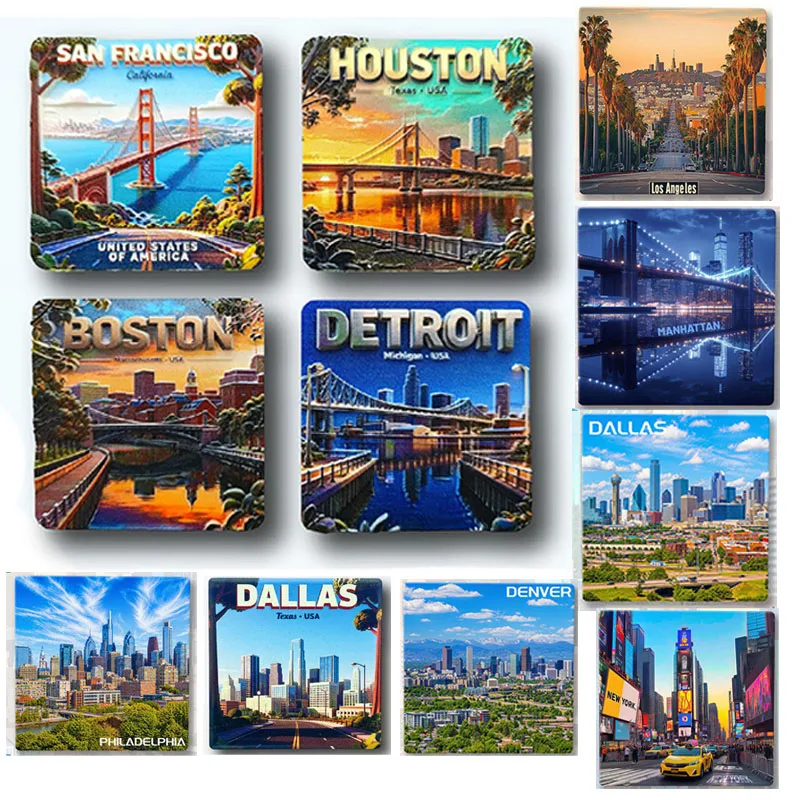 Imanes de nevera de EE. UU.: Dallas, Boston, Houston, Detroit, Filadelfia, Manhattan, Denver, Nueva York, Miami – Souvenir turístico de las ciudades de América