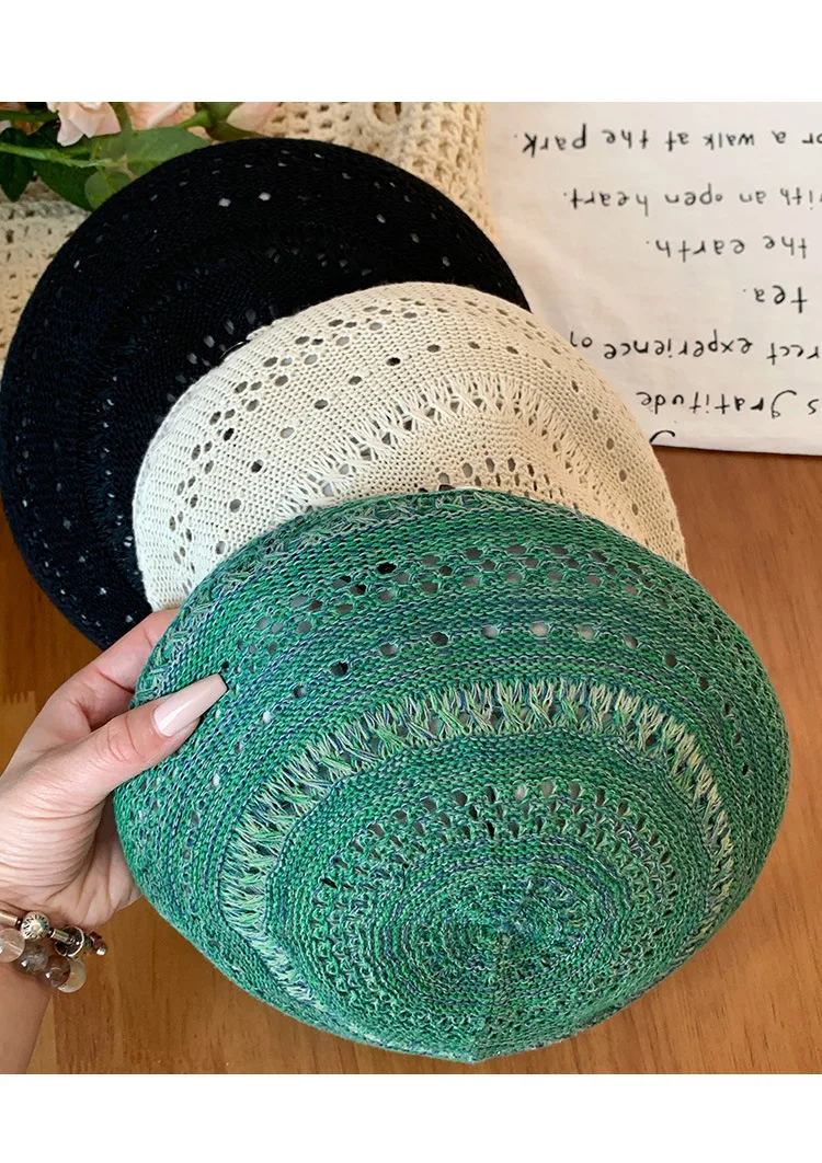 Vintage hollow mint green beret women's summer thin breathable face small bud hat big head circumference painter hat