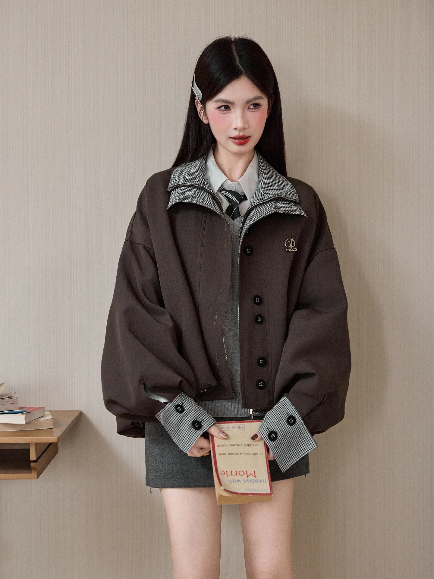 

Свободное ort Fem Jaet с двойным воротником кофейного цвета, корейское весенне-осеннее женское повседневное рабочее пальто, двухслойное пальто