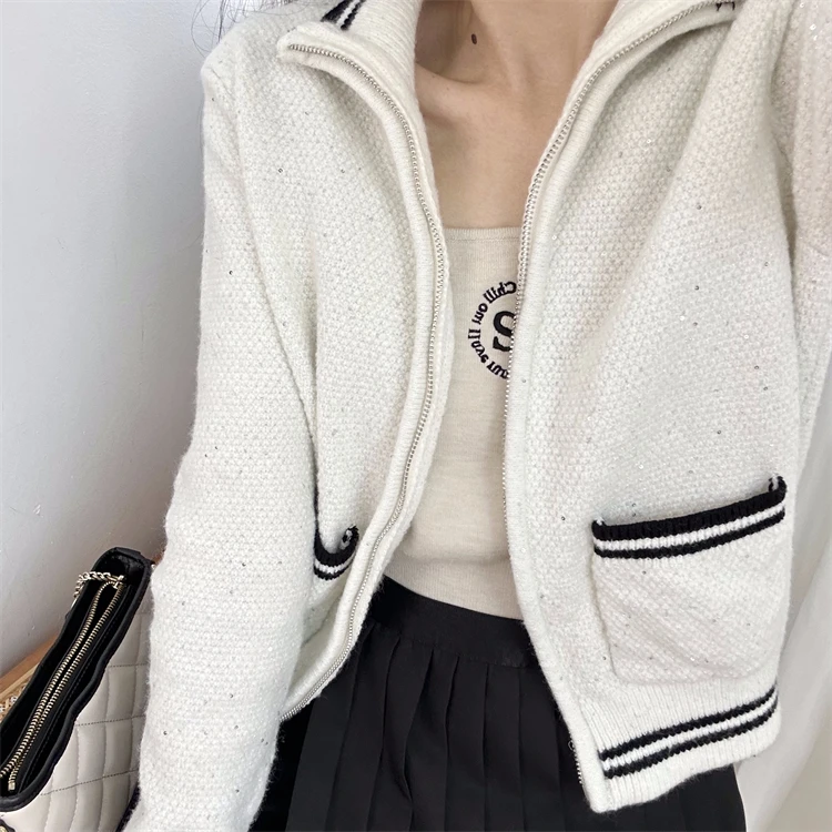 

Temperament Top Half High Neck White Knitted Cardigan M Home 2024 Autumn New Style French Sweater woman 2024 luxury brand