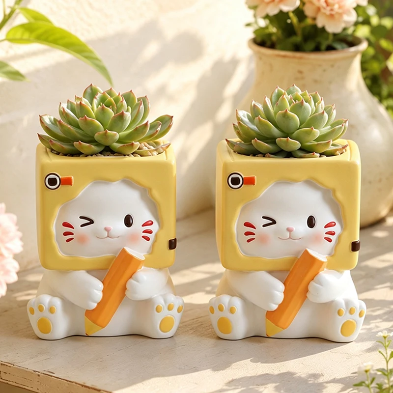 Cartoon Cat Succulent Planter Resin Mini Cactus Pot Desktop Windowsill Balcony Decor Lovely Gift for Plant Lovers Home Ornament
