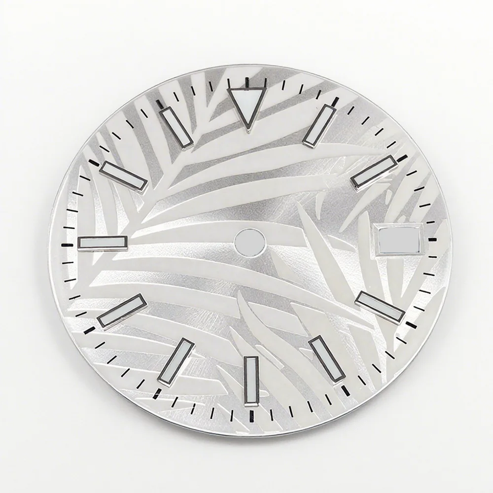 

28.5mm Dial Leaf Pattern Single Calendar Blue Luminous Watch Face Replacement Green/Yellow/White Watch Dial for NH35 Movement