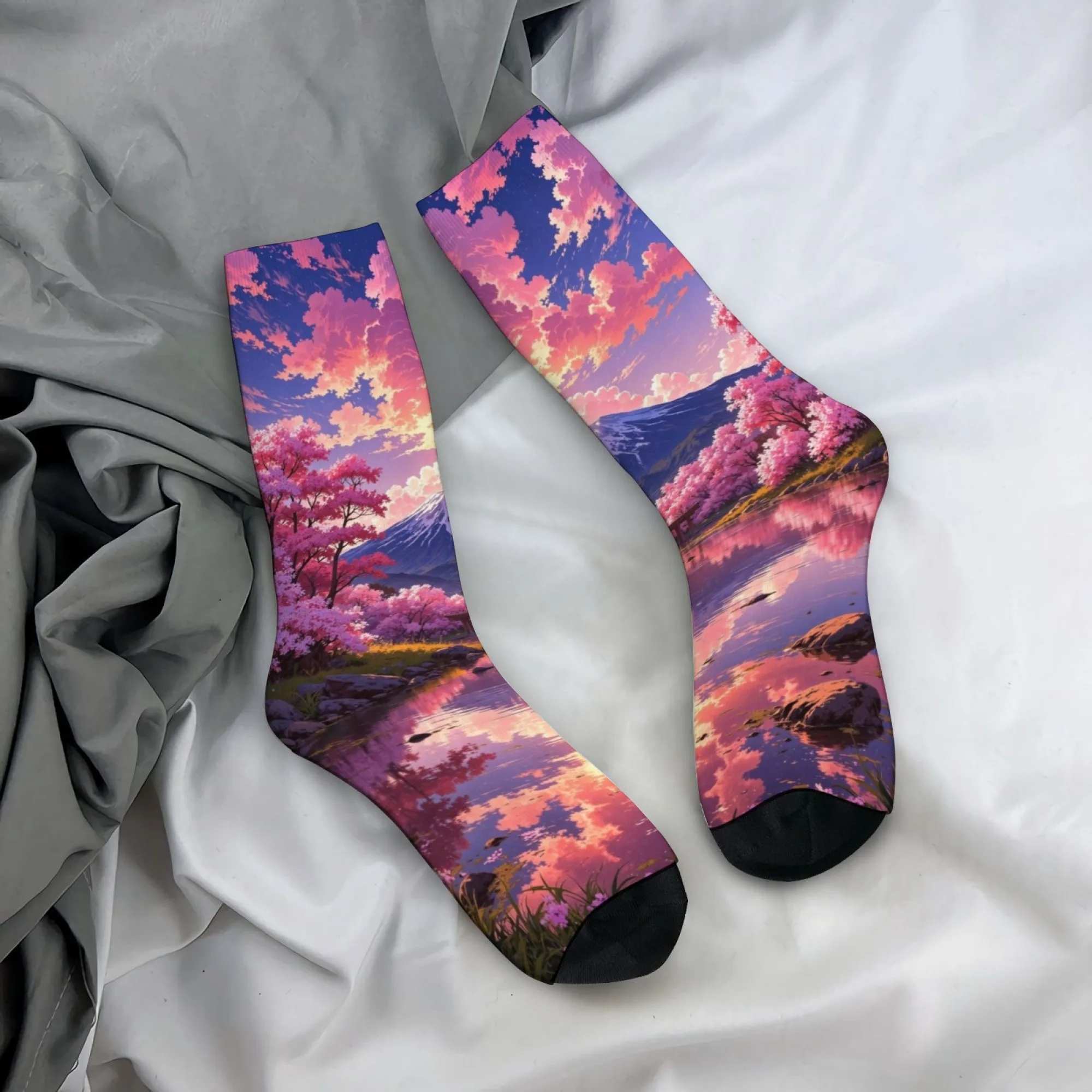 

Mount Fuji Cherry Blossom Anime Socks Harajuku Style Outdoor Casual Fashion Men's Socks Novelty Funny Happy Socks Unisex Gift