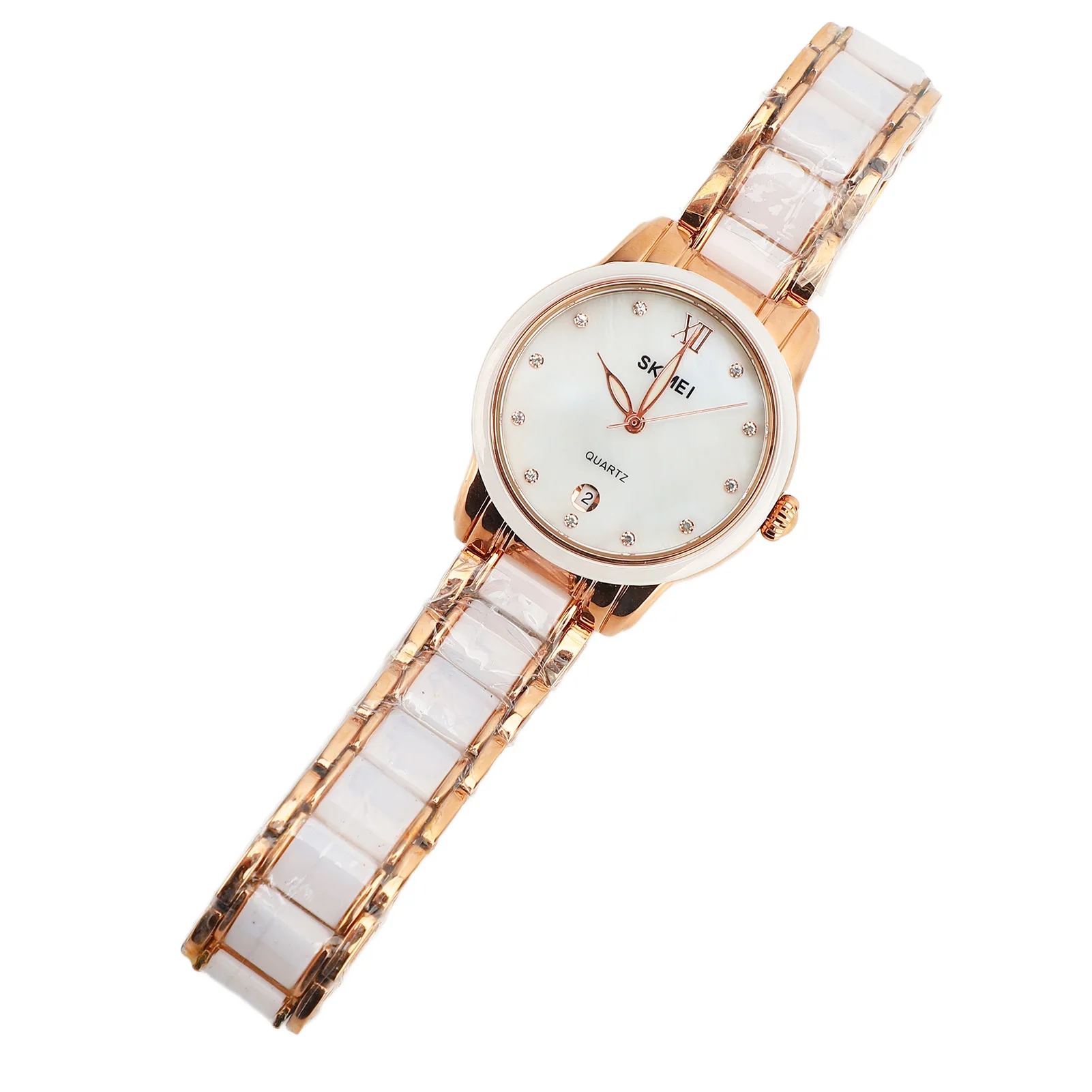 Relógio de quartzo feminino strass decoração cerâmica banda de aço inoxidável resistente à água relógio de pulso com data ouro rosa