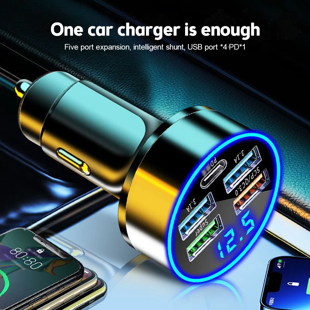 5-Port USB Fast Car Charger QC3.0 Fast Charging Car Charger Adapter Cigarette Lighter Charger for iPhone Android