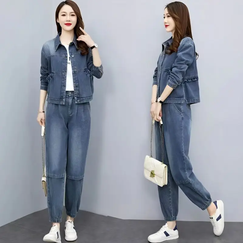 Women Denim Suits 2024 New Spring Autumn Casual Short Jeans Jacket Coat + Elastic Waist Cowboy Pants 2 Piece Sets Female Outfits