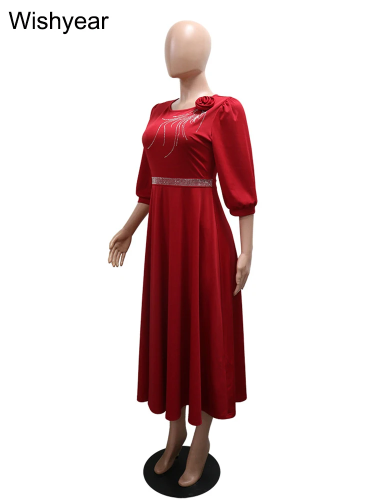 New Elegant Red 3/4 Sleeve O-neck A-line mid Dress for Women with 3D Flower African Rhinestones Office Lady Casual Autumn Robe