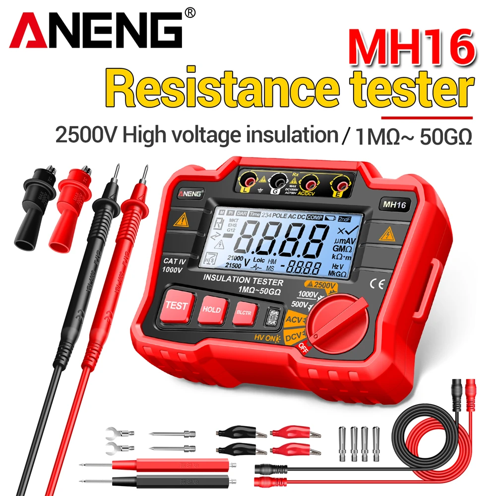 

Измеритель сопротивления изоляции ANENG MH16 2500В, высоковольтный, многофункциональный, с цифровым дисплеем, для измерения напряжения переменного/постоянного тока, с зажимами типа «крокодил»