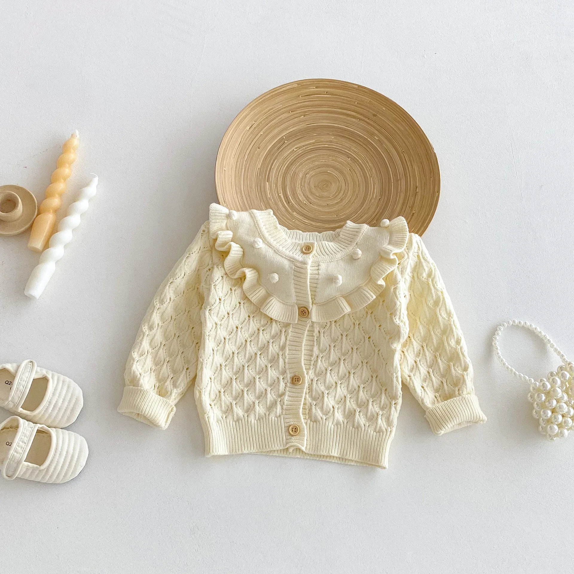 

Свитера для маленьких девочек, пальто, осень-зима 2022, новый вязаный свитер с воротником в виде листьев лотоса для девочек, кардиган