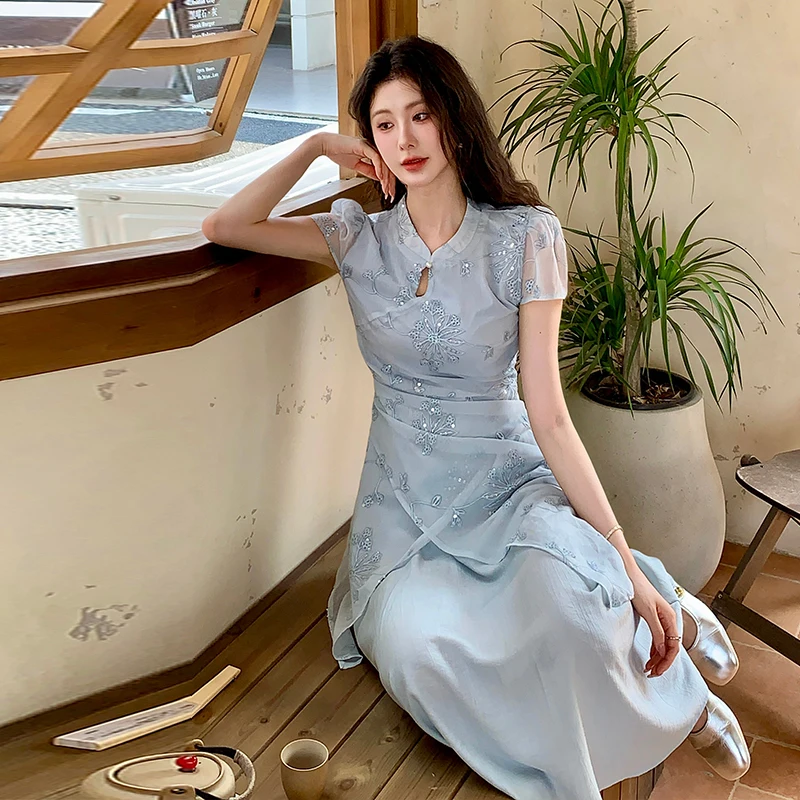 

Women's New Chinese Style Mandarin Collar Qipao Dress, Slant Front Irregular Hem Faux Two-Piece Modified Cheongsam