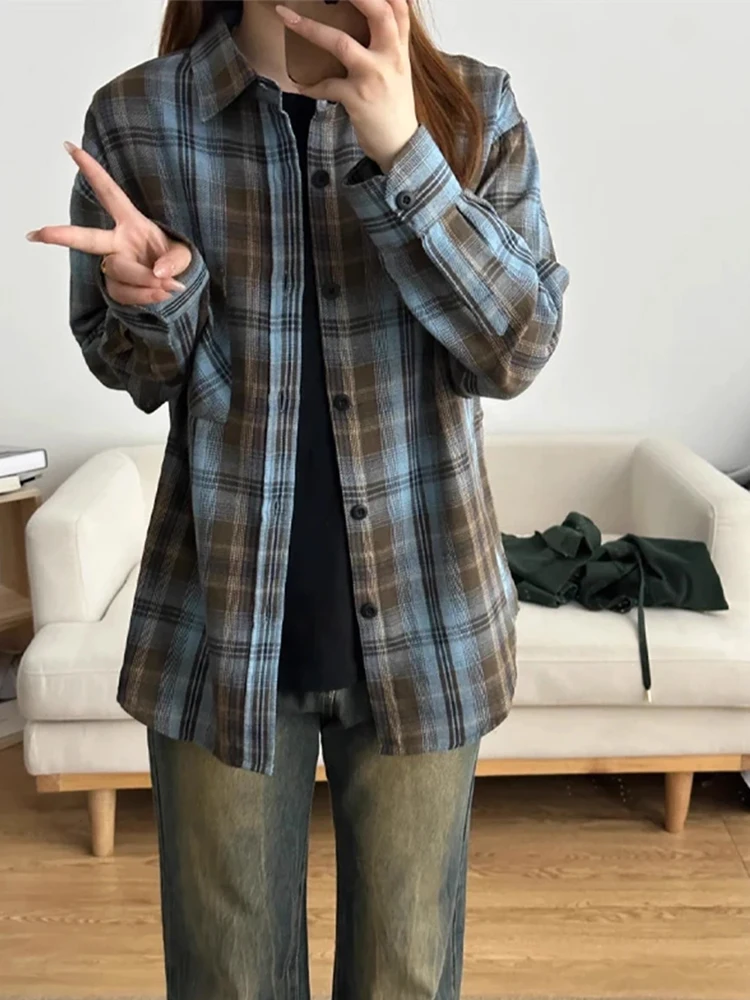 Retro Amerikaans geverfd blauw bruin geruit lang Sve irt casual veelzijdige bovenkleding voor heren herfstseizoen high-end gevoel versleten...