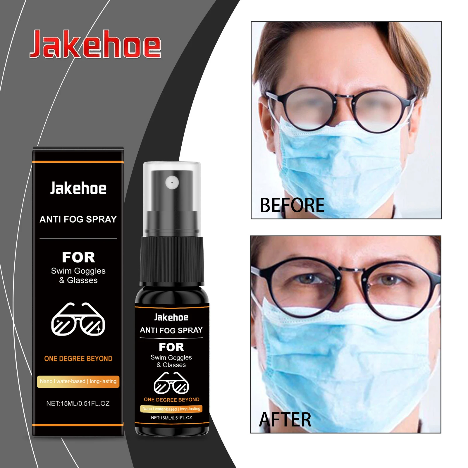 

Jakehoe 15 мл противотуманный спрей для очков, без полос, очистка, восстановление четкости, предотвращение запотевания, дорожный размер, безопасный для всех типов линз