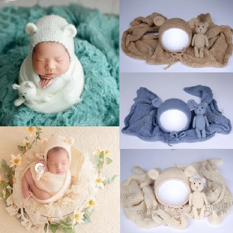 

Newborn Wool Knitted Hat Newborn Photography Props Dolls Knitted Rabbit Bear Baby Photography Studio Accessoires