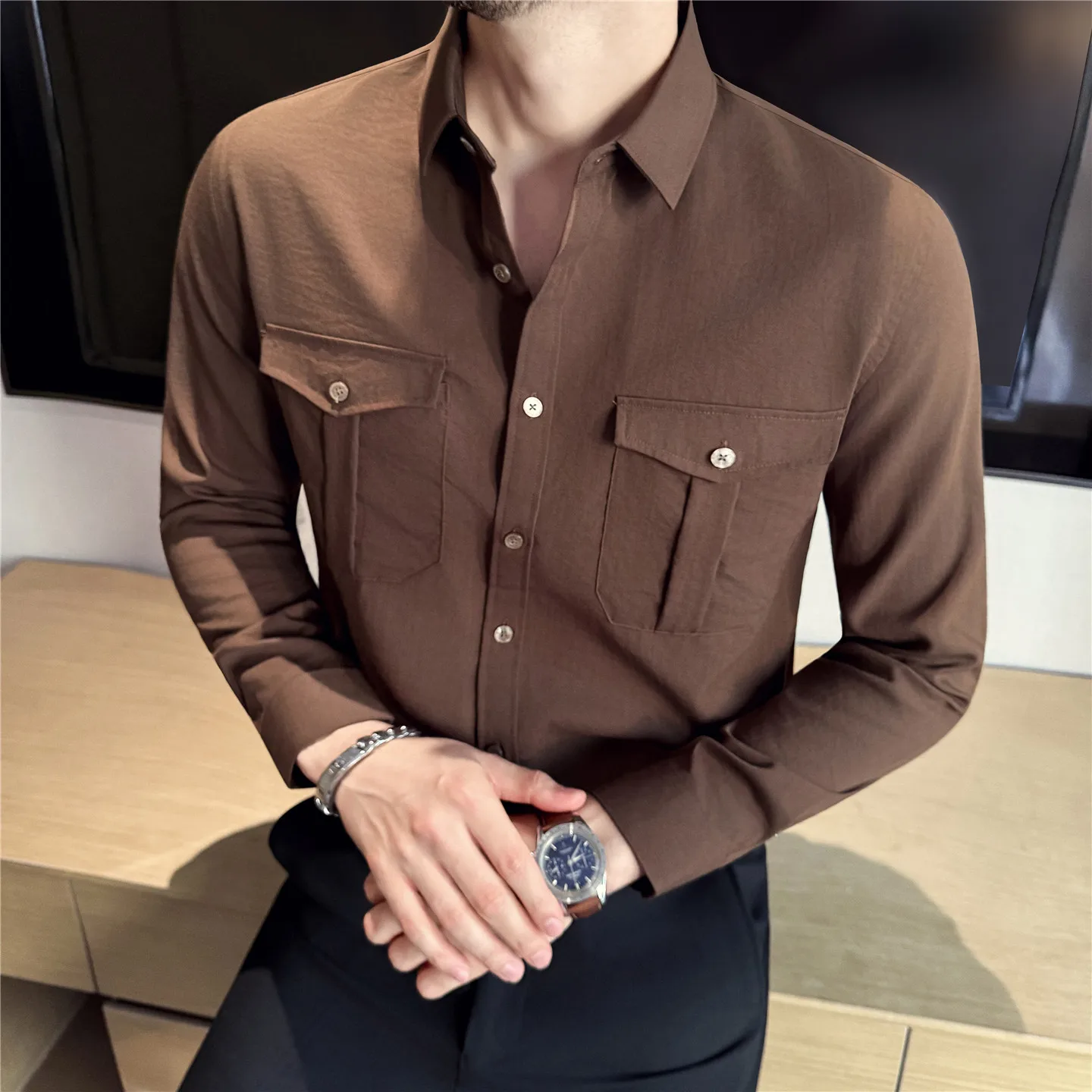

2025 Autumn Linen Cotton Workwear Shirt Men's Double Pocket Decorative Long Sleeved Casual Shirt Social Streetwear Men Clothing