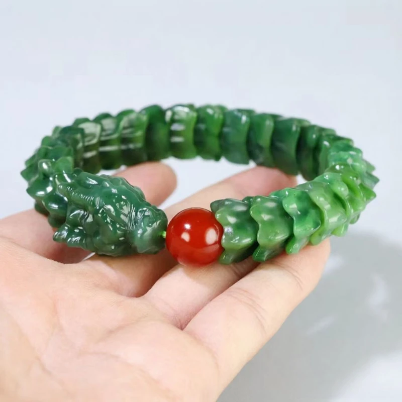 Natural Hotan Jasper Green Jade Beautifully Carved Dragon Bone Jade Bracelet Fashionable Amulet Gift for Men and Women Couples