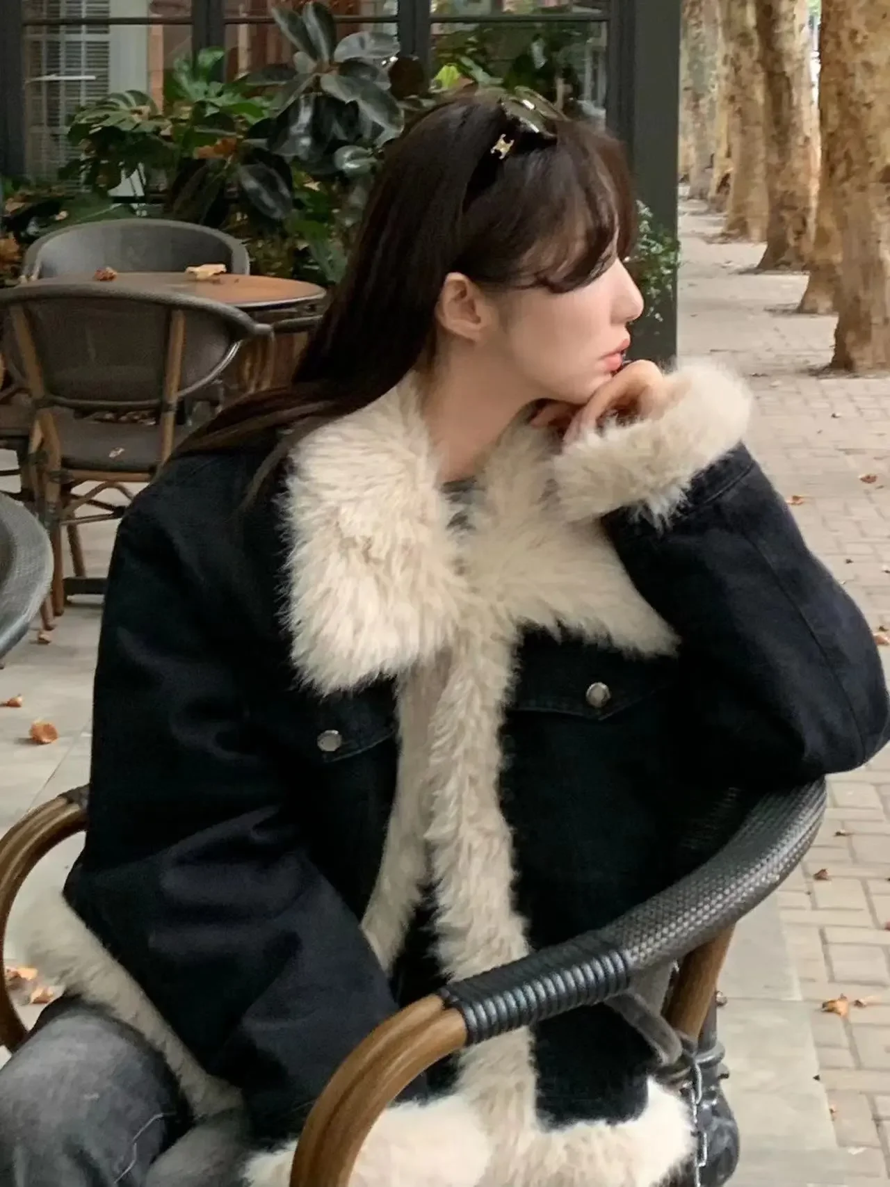 Autumn new black jacket Harajuku Gothic retro casual top Y2K street jacket 2025 denim jacket patchwork fur cotton