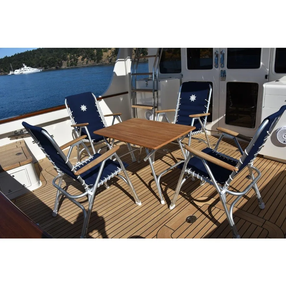 Boat Chairs High Back Navy Blue Deck Folding Marine Aluminum Teak Furniture Set of 2 M150NB