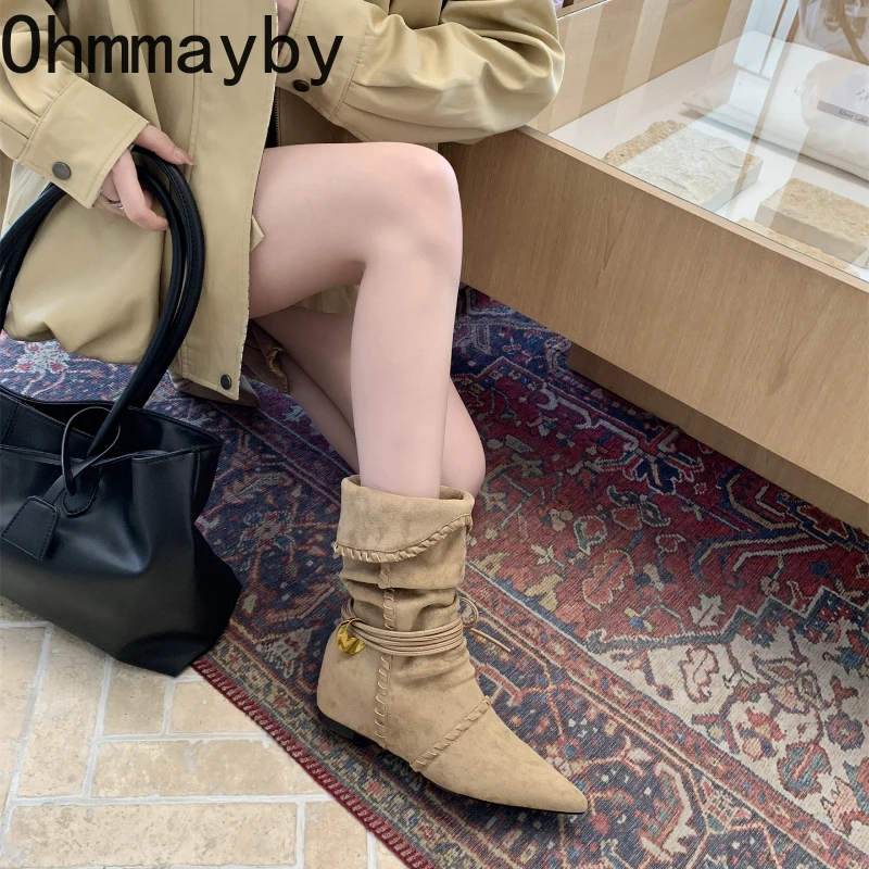 الخريف الشتاء مطوي الغربية منتصف العجل أحذية النساء مصمم أشار تو الارتفاع الداخلي فارس Botines دي Mujer