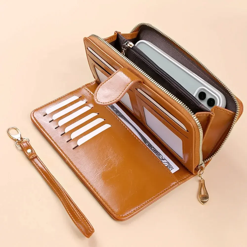 Damen-Clutch-Geldbörse im Vintage-Stil aus Ölwachs-PU-Leder – Handy-Geldbörse mit großem Fassungsvermögen und Armband, einfache Tasche mit Kartenhalter ​