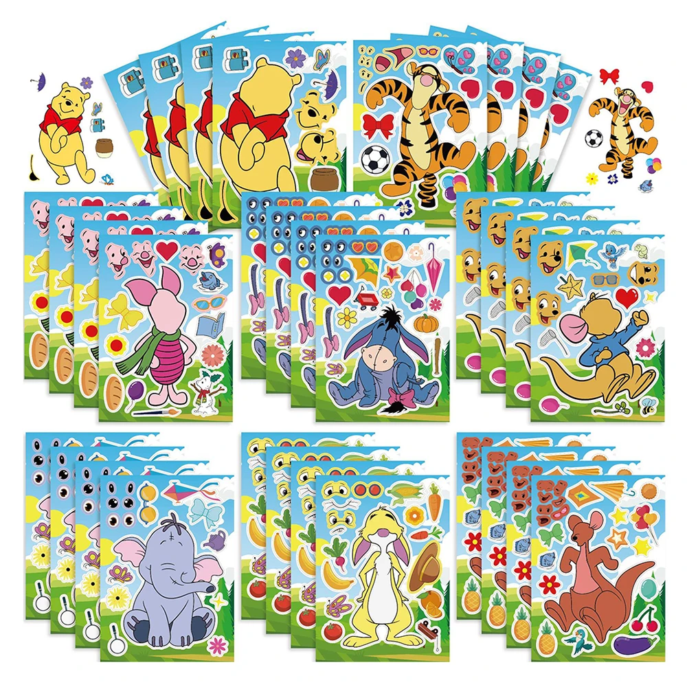 8/16Sheets Disney Cartoon Pooh Bear Make a Face Puzzle Stickers Create Your Own Piglet Tigger Children DIY Jigsaw Games Party