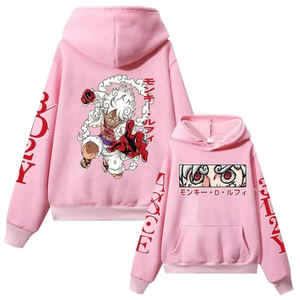 Una pieza 2026 nueva Sudadera con capucha negra caliente hombres mujeres invierno algodón engranaje 5 luffy nika forma pelo blanco rojo mano extendida japonesa