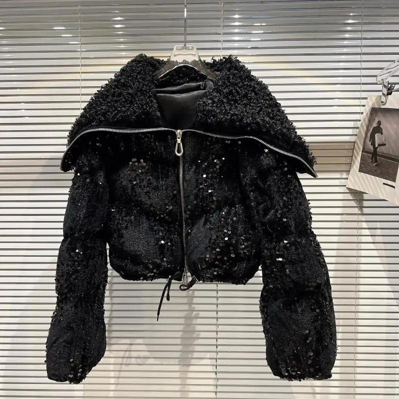 Autunno inverno donna cappotto imbottito in cotone pile colletto blu Navy paillettes lucide velluto parka corto Casual sciolto femminile giacche