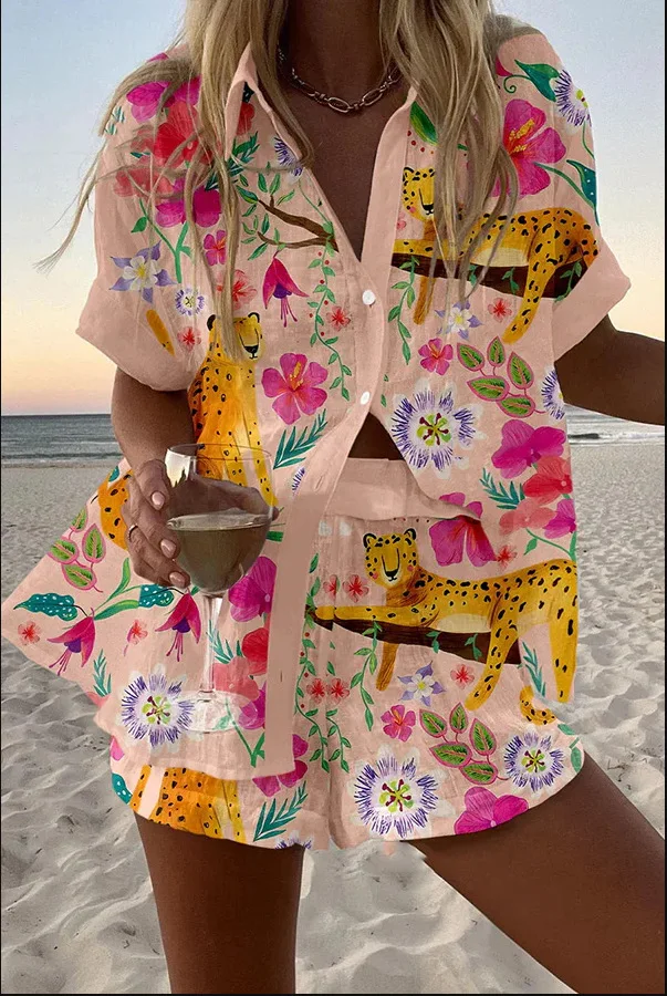 Summer New Print Beach Holiday Set For Women Fashion Short Sleeve Buttoned Shirt Wide Legs Shorts Oversized Two Piece Set