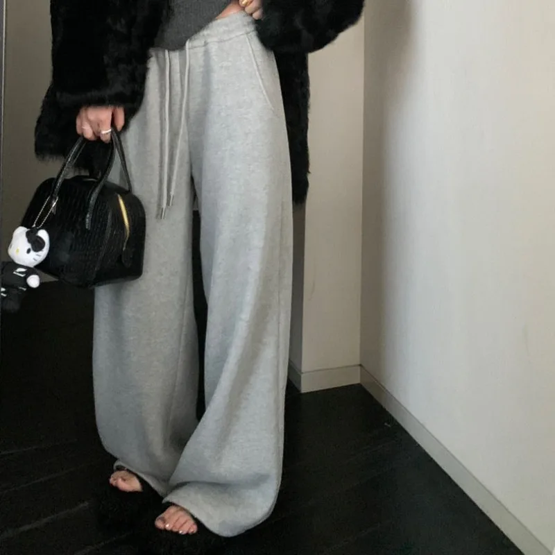 Deeptown Vintage Baggy Sweatpants Women Harajuku Oversize Grey Jogger Wide Pants with Fleece Casual Retro Korean Cotton Trousers