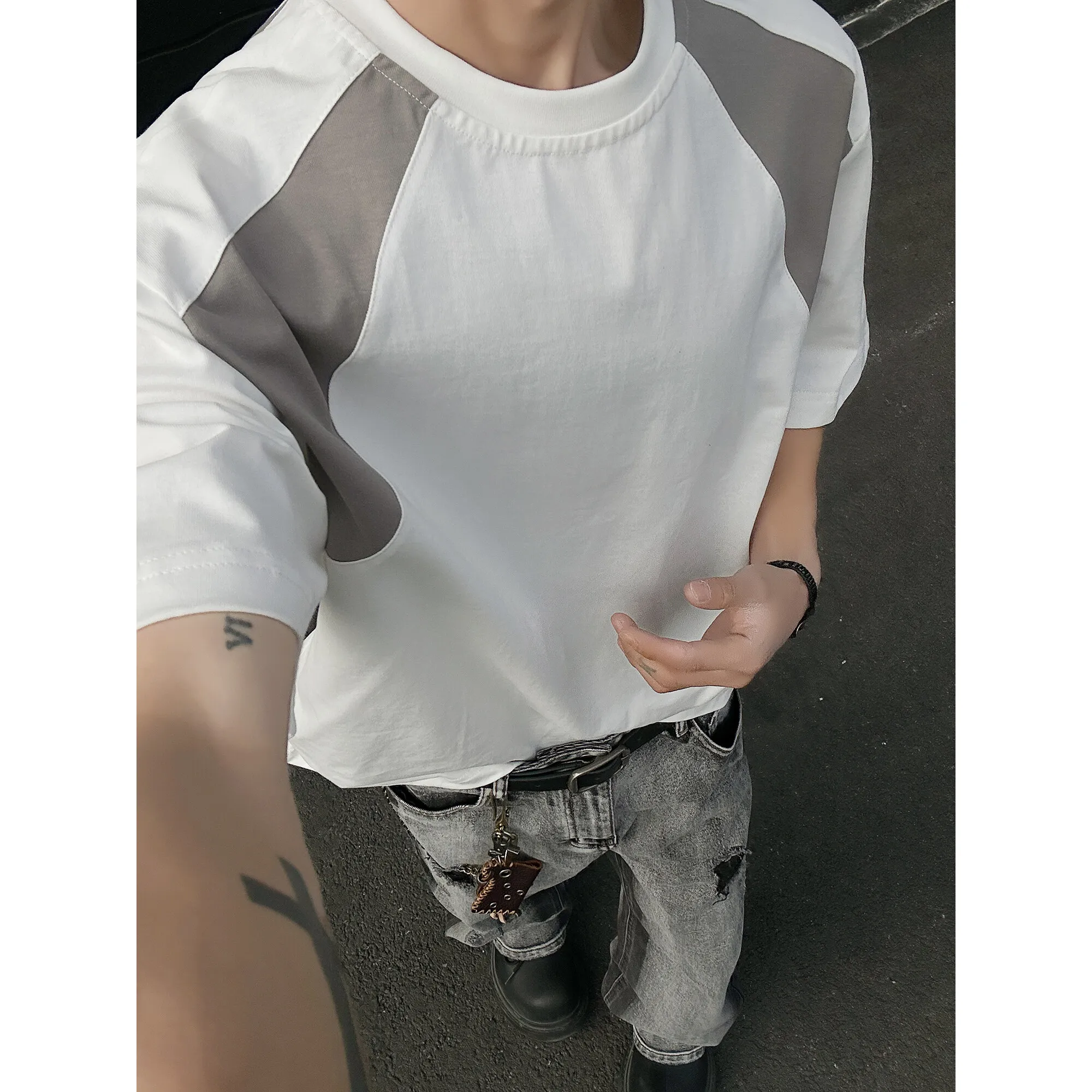 Mens Breathable Cotton Tshirt man Soft Summer Casual Slim Fit Contrast Panel Simpl Design Streetwear Fashion Tee Line Texture
