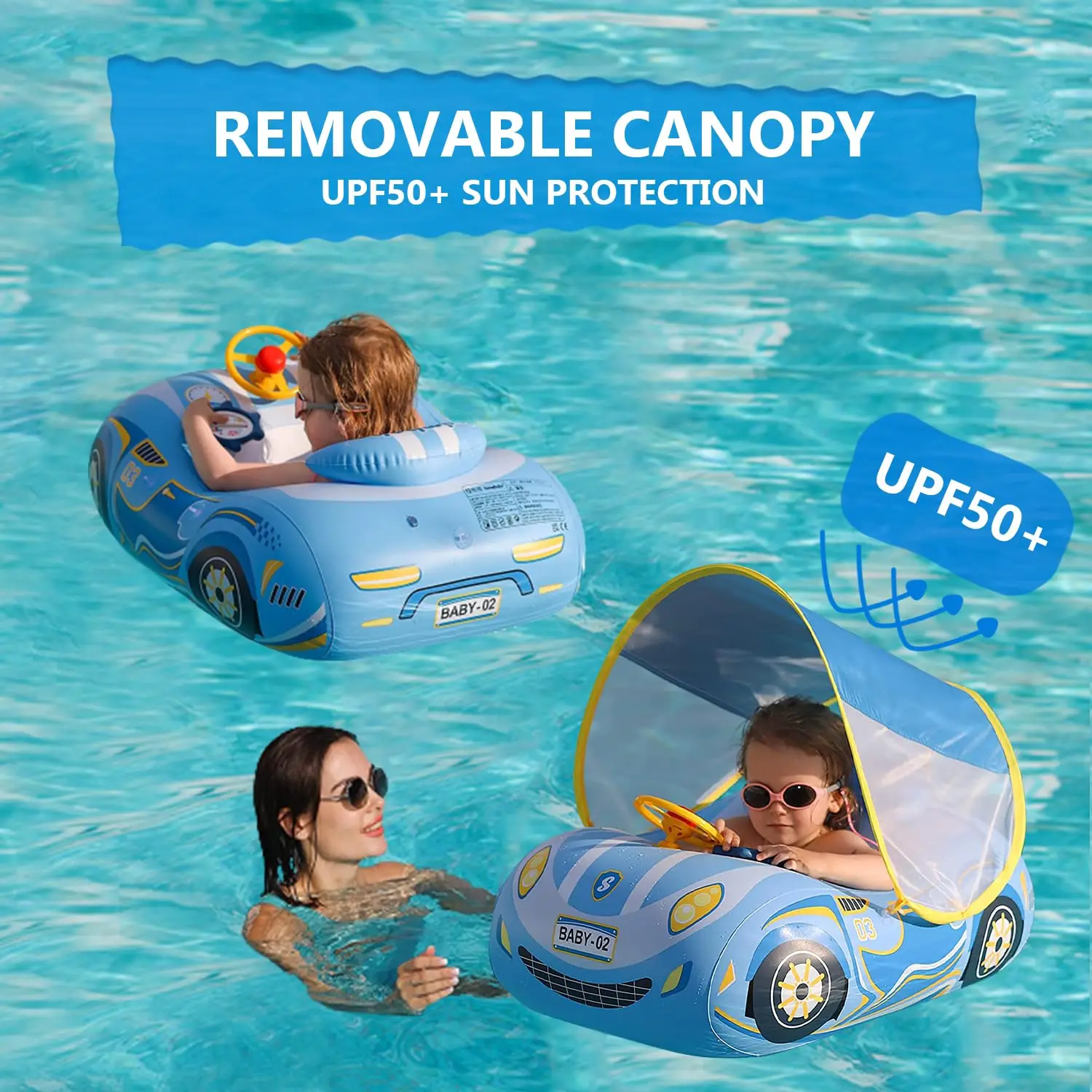 Flotador de asiento de coche para niños, flotador inflable infantil para verano, barco de natación, Círculo de baño, piscina, juguete de agua con dosel
