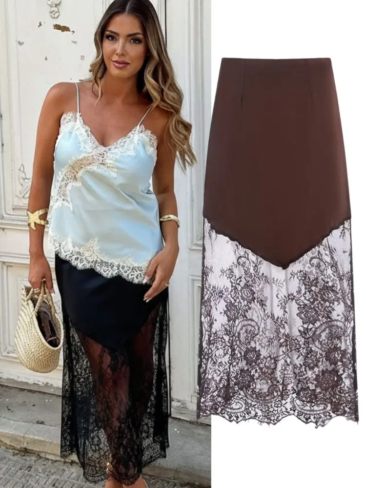 HH Frauen Sexy Spitze Patchwork Perspektive Langen Rock Elegante Frühling Hohe Taille Schlank Aushöhlen Röcke Weibliche Party Streetwear