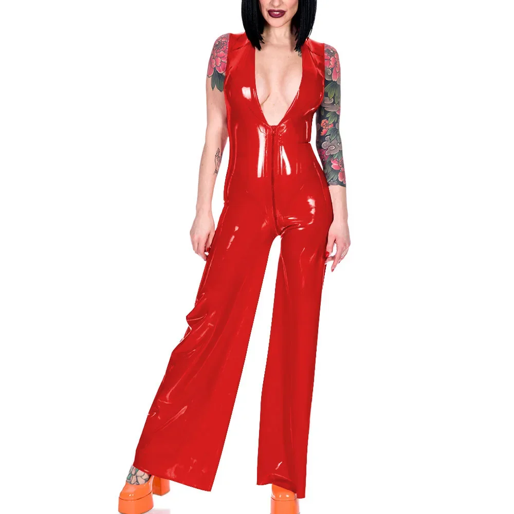 Office Ladies Daily Commuting Outdoor Shiny PVC Leather Zentai Front Zipper Sexy Deep V-neck Bodycon Jumpsuits Loose Wide Pants