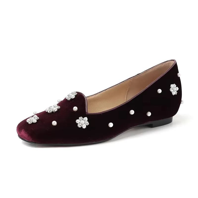 2026 burgundy golden velvet inner height-increasing single shoes square head middle mouth one pedal pearl flats spring large
