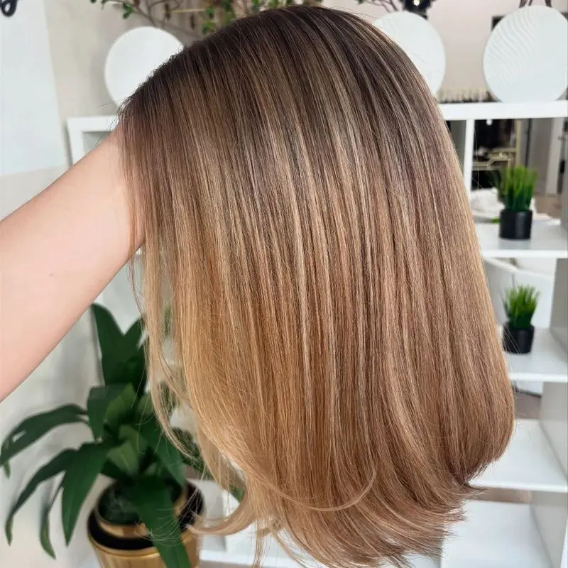 

Warm Blonde with Dark Roots HD Synthetic Lace Front Wig Natural Wigs Gift For Her Daily Straight Bob Preplucked Hairline Party