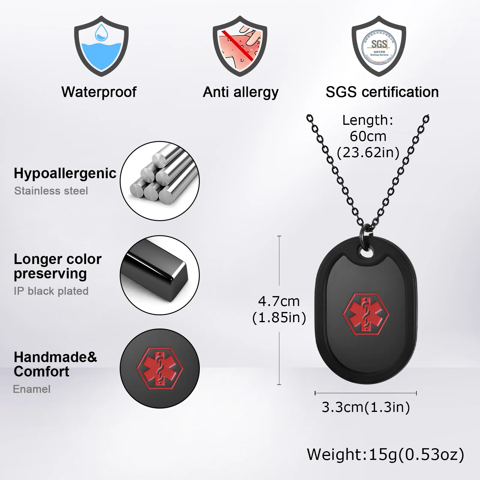 Vnox Free Custom Back Medical Alert ID Dogtag Pendant for Men Women,Emergency Contact Reminder Engraved Dog Tag Necklaces