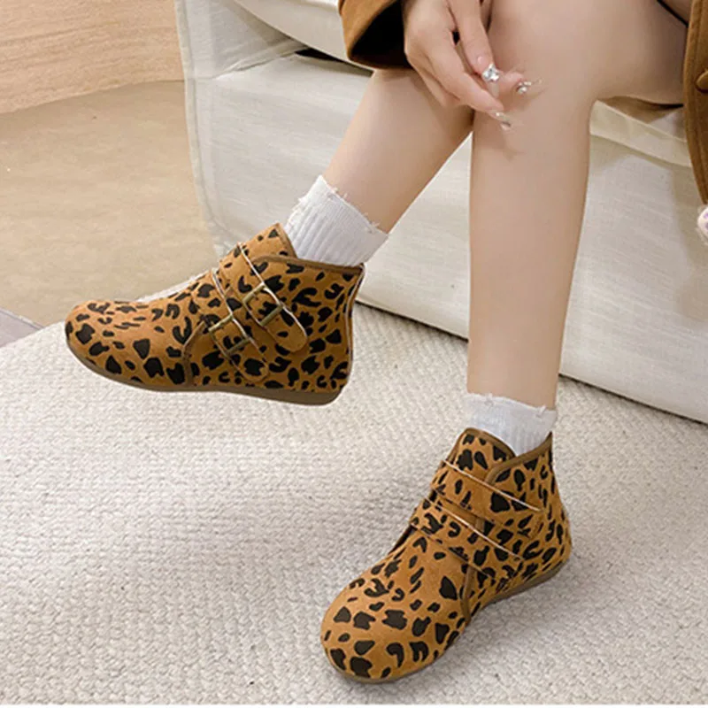 Comemore Leopard Print Retro Ankle Boots for Women Winter Padded Warm Women's Cottom Shoes Casual Flat Bottom Versatile Botines