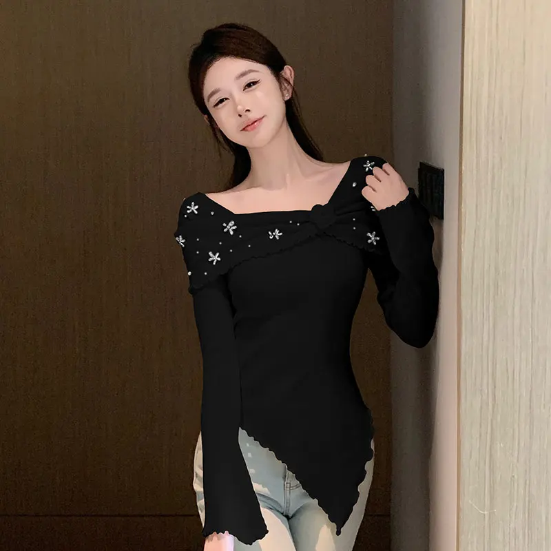 

Ele Long Sve Diamond Embedded Flower Design Heavy Work Sweater Top Slimming High-End Feel Autumn Winter New Sle for ...