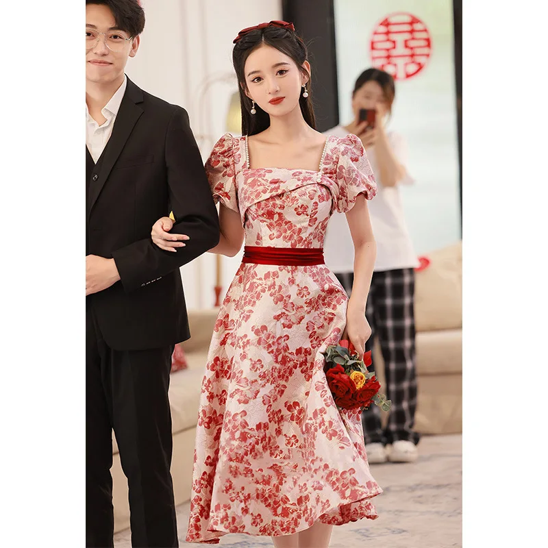 

Pearl Collar Summer New Bridesmaid Wedding Party Dressing Gown Women Short Sleeve Elegant Cheongsam Vestidso Satin Qipao