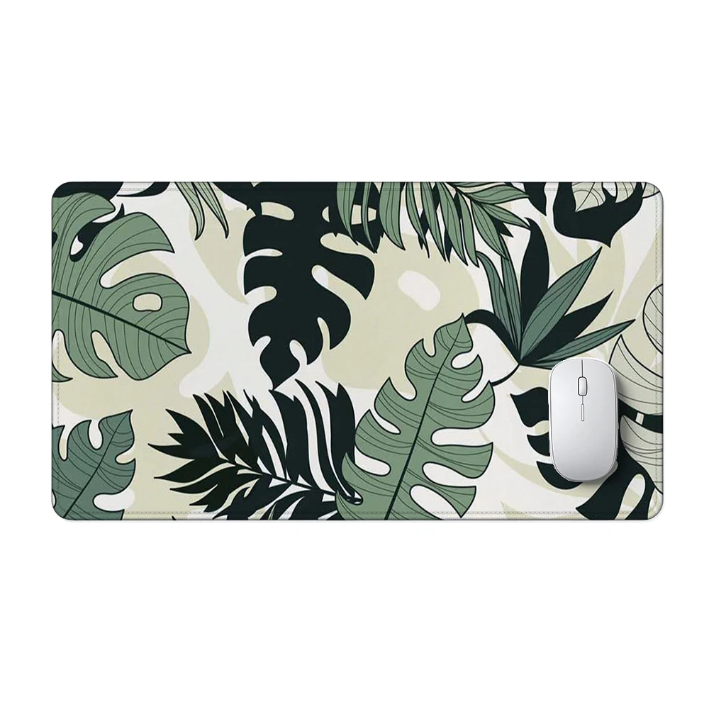 Esthetische botanische bureauonderlegger, groene bladeren, wilde bloemen, mistige bossen, groot gaming-muismat, antislip rubberen onderkant, verlengd model 260928A