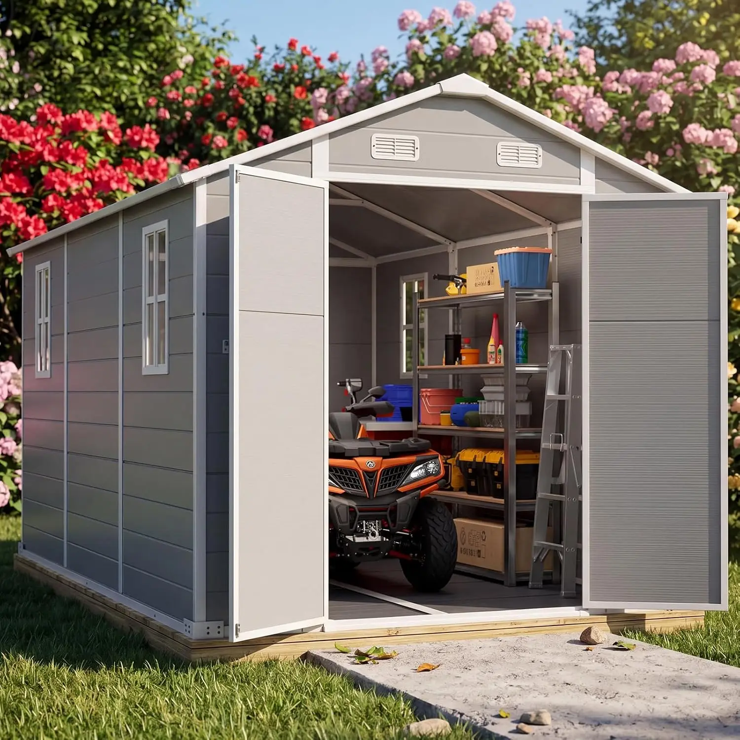 8x10 FT Outdoor Resin Storage Shed with Floor,7 .2X9.4FT Base, Customized