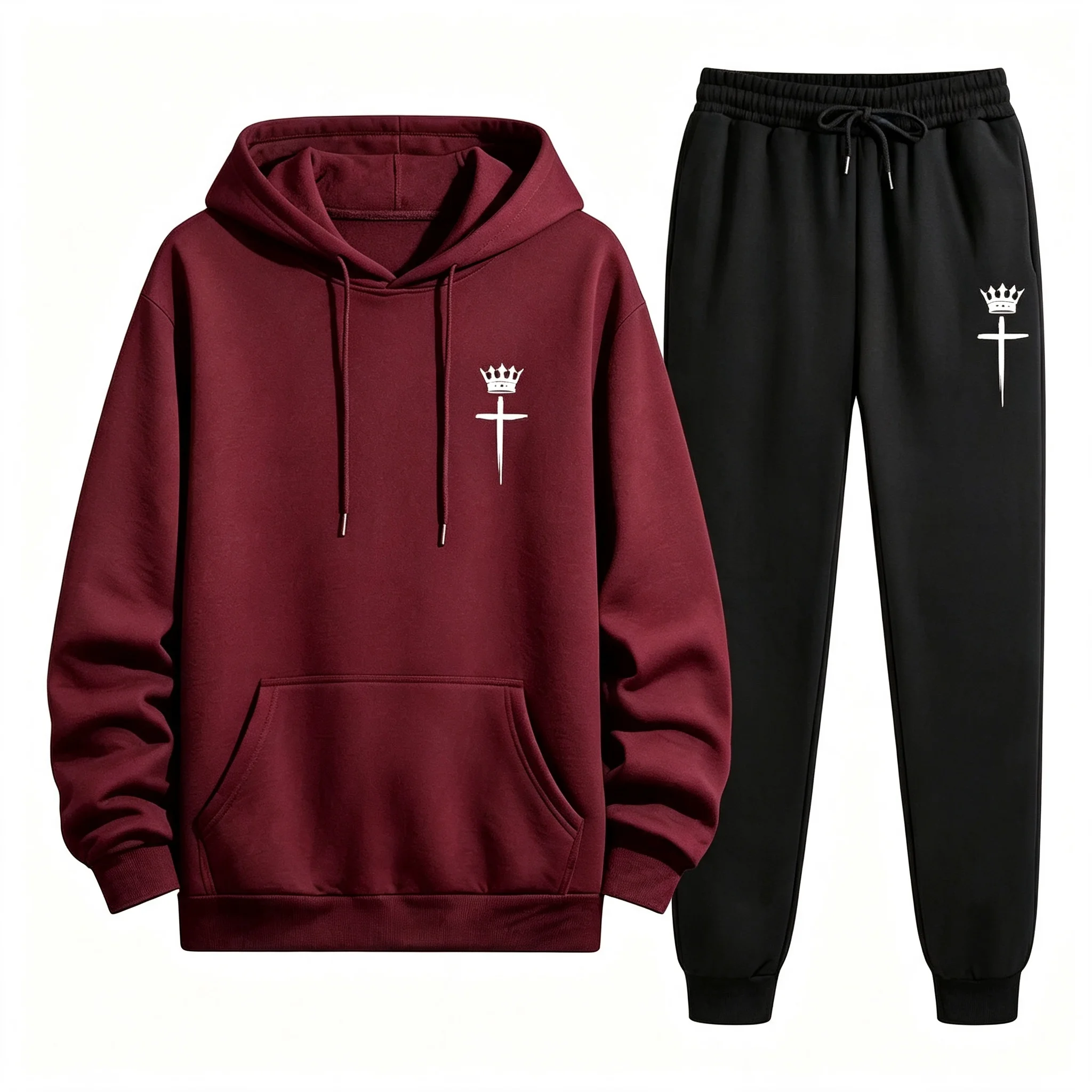 2026 New Autumn Winter Men Tracksuit, Cross Crown Print Hoodie and Sweatpants Two Piece Set, Urban Street Style Activewear