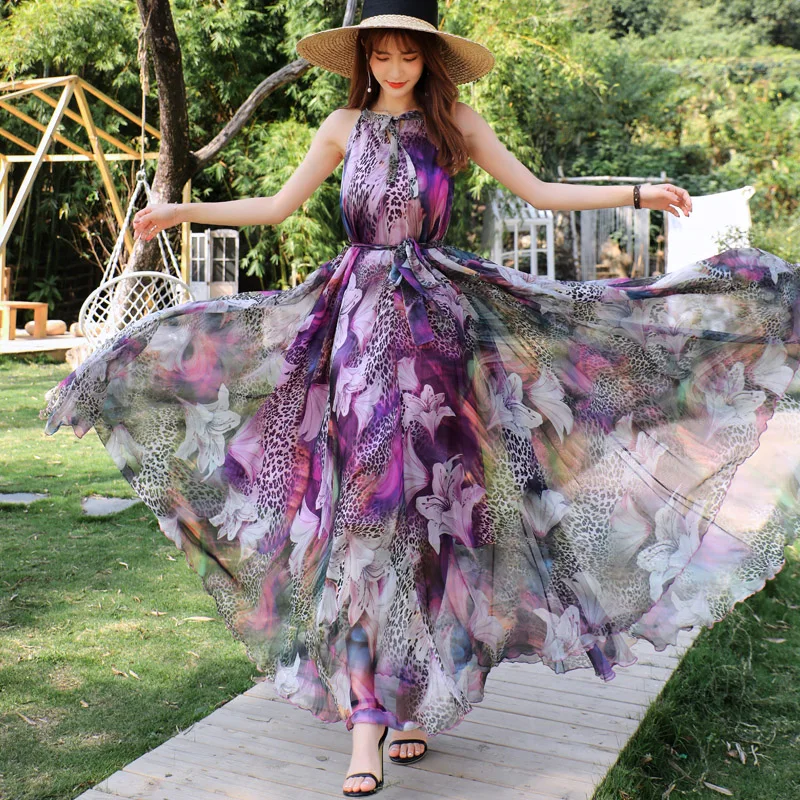 Chiffon Holiday Beach Long Sundress Summer Bohemian Flower Tropical Belt Fashion Boho Photo reggicalze Dresses for Women Long