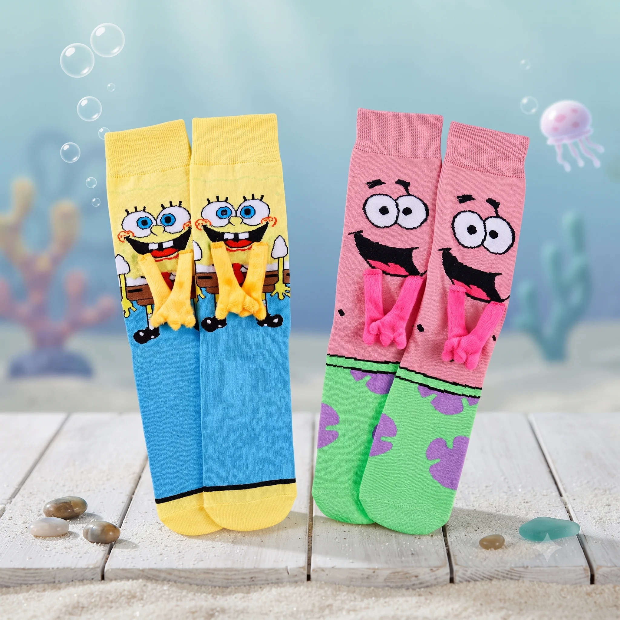 Kreative 3D Cartoon Socken SpongeBob & Patrick Händchen haltend Lustige Magnetische Crew-Socken aus Baumwolle Neuartiges Geschenk für Paare Streetwear – Detail 9