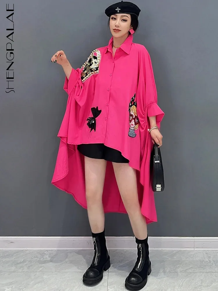 

SHENGPALAE Beautiful Long Shirt Nail Diamonds Loose Bat Shape Outwear Fashion Women's Clothes 2024 Spring Summer New Top 5R9724