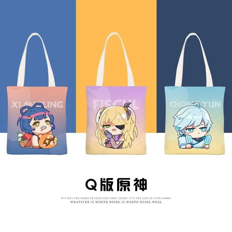 Q Version Genshin Impact Eco-Friendly Canvas Large Capacity Shoulder Shopping Tote Bag Women's Handbag Ani