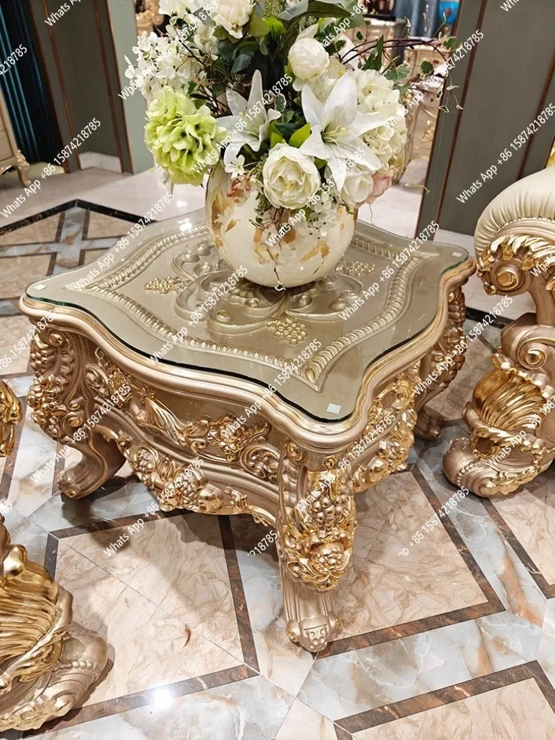 X European-style Large Coffee Table, Villa Living Room All Solid Wood 1.9 Meters Coffee Table, Desktop Engraving With Glass