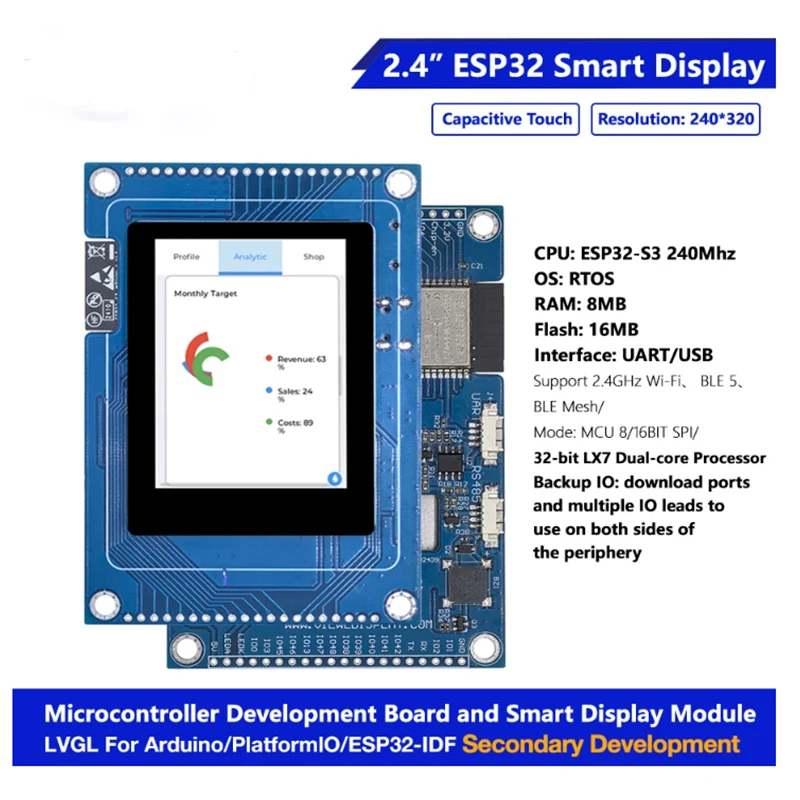 

2.4 inch 240*320 ESP32 S3 Display Development Board Dual Core LVGL HMI 16M Flash Arduino WIFI and Bles LCD TFT Module Touch